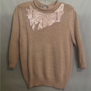 Shapely Knits pink jeweled neckline sweater no size label back length 26”